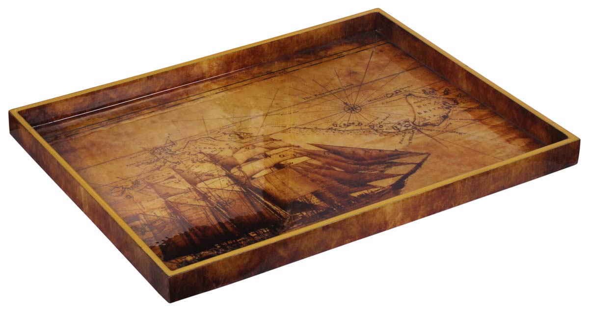 Buy in Bulk Wholesale Serving Tray in MDF - 12” Hand-Crafted Light-Brown - Decorative Tray with Sailing Ship Enamelled Art - Classic Serve-Ware/Decor/Gifts from India